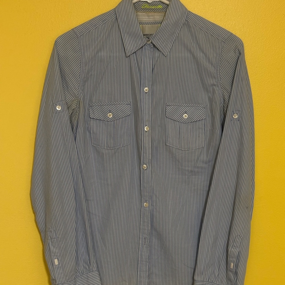 American Eagle Outfitters Navy and White Pinstripe Button-Up Shirt